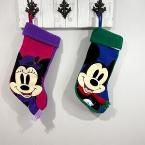 Vintage Disney Store Mickey Minnie Christmas Stockings Set of 2